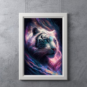 Psychedelic White Tiger Oil Painting, Digital Art Print, Ai Generated, Wall Art, Digital Download, Printable, Home Decor, Housewarming Gift