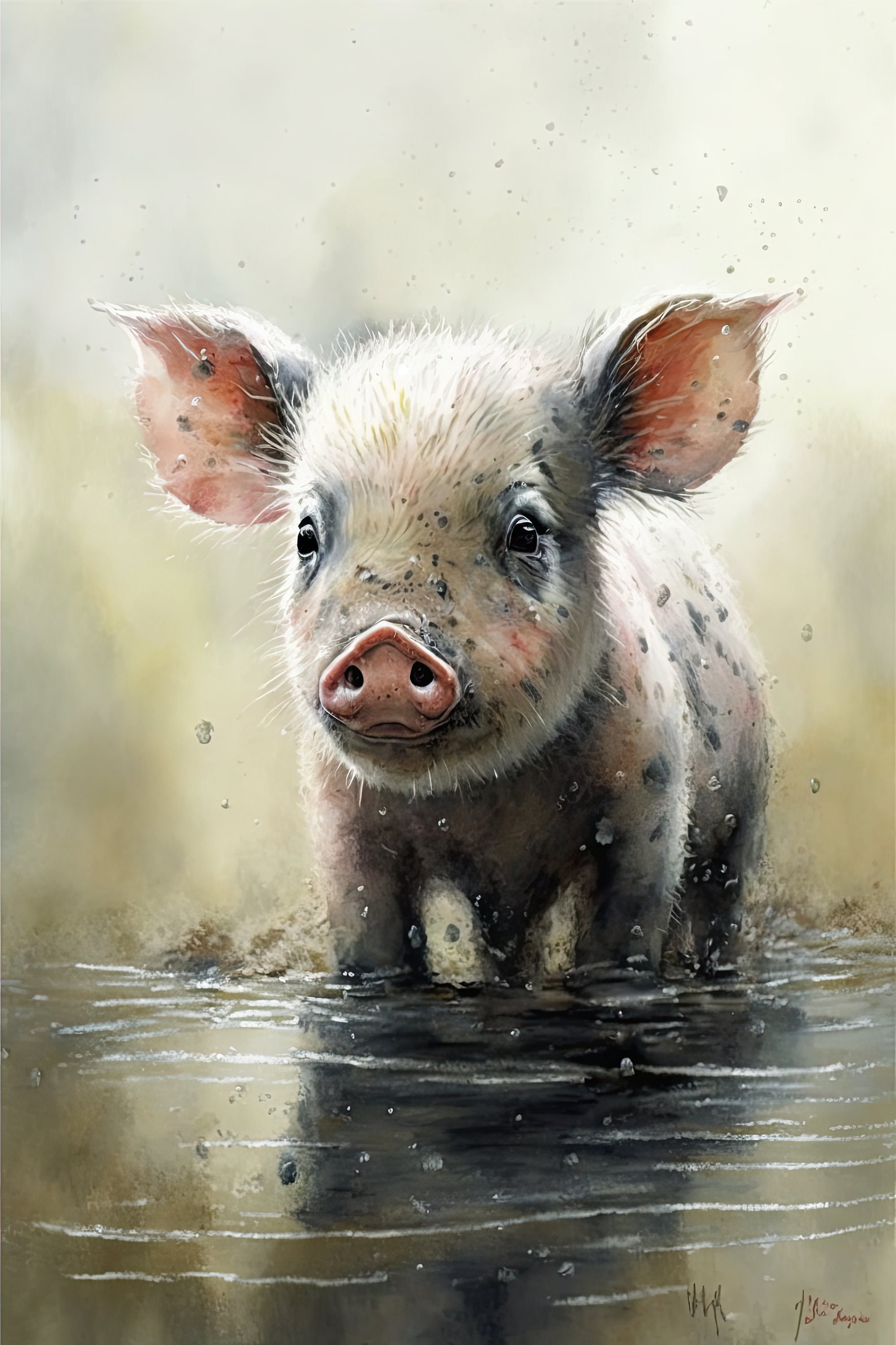 Piglet Water Color Painting, Housewarming Gift, Digital Art, Digital
