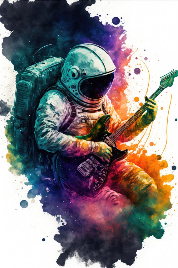 2-piece Kid Boy Astronaut Guitar Print Waffle Sweatshirt and Blue Pants Set