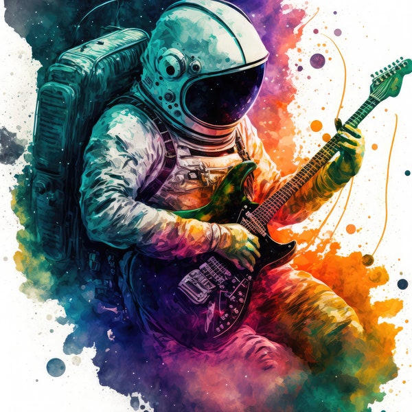 Astronaut Playing Guitar Watercolor Digital Print Wall Art Astronaut Painting Gift For Him Astronaut Art Unique Gift