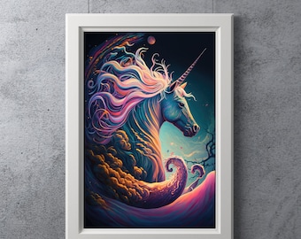 Psychedelic Unicorn Oil Painting, Digital Art Print, Ai Generated, Wall Art, Digital Download, Printable, Home Decor, Housewarming Gift