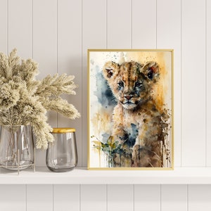 Lion Cub Water Color Painting, Housewarming Gift, Digital Art, Digital Print, Wall Art, cute animal painting, Lion Painting, Gift For Him