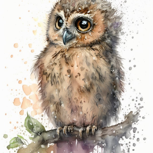 Baby Owl Water Coloring, Housewarming Gift, Digital Art, Digital Print, Wall art, Cute Animal Painting, Owl Painting, Gift For Him