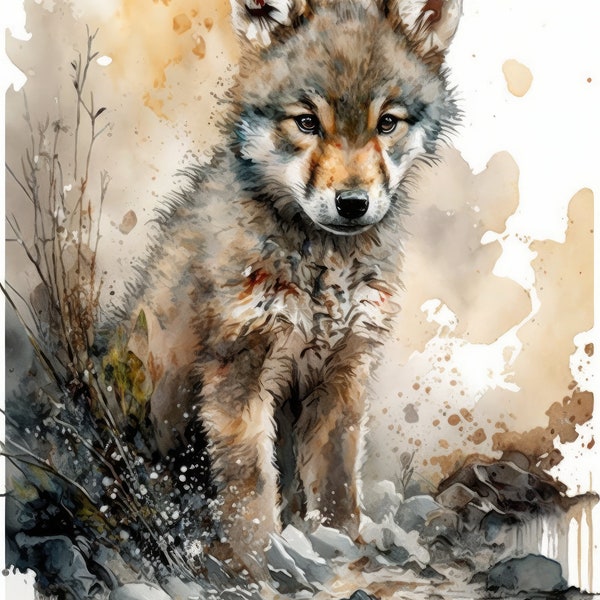 Wolf Cub Water Color Painting, Digital Print, Digital Art, Wall Art, Housewarming Gift, Gift For Him, Gift For Her, Wolf Art, Wolf Painting