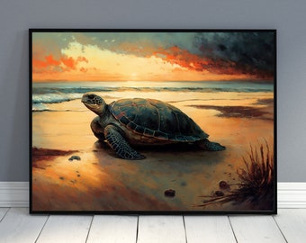 Turtle On The Beach Oil Painting Vintage Print, Vintage Art, Printable Art, Rustic Art, Ai Generated, Wall Art, Digital Print, Wall Decor