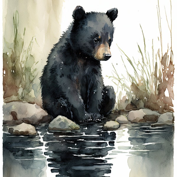 Black Bear Cub Water Color Painting, Housewarming Gift, Digital Art, Digital Print, Wall art, Cute Animal Painting, Black Bear Art Painting