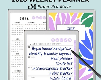 2026 Digital Planner for reMarkable Paper Pro MOVE | Hyperlinked WEEKLY Planner PDF Template