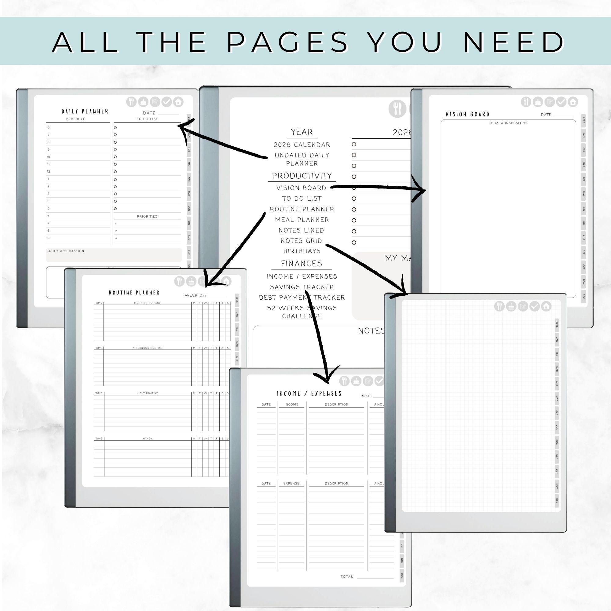 Remarkable Paper Pure Digital Planner 2026 | Hyperlinked Weekly Lined ...