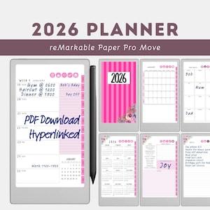 Pretty in Pink 2026 Digital Planner | reMarkable Paper Pro Move | Hyperlinked Floral Weekly Monthly Planner