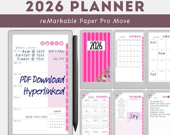 Pretty in Pink 2026 Digital Planner | reMarkable Paper Pro Move | Hyperlinked Floral Weekly Monthly Planner