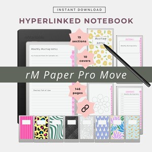 May include: Digital notebook with 15 sections, 10 covers, and 146 pages. The notebook is designed for the reMarkable tablet and includes a stylus. The covers feature various patterns, including stripes, animal prints, and floral designs. Text on the image reads "Instant Download" and "Hyperlinked Notebook."