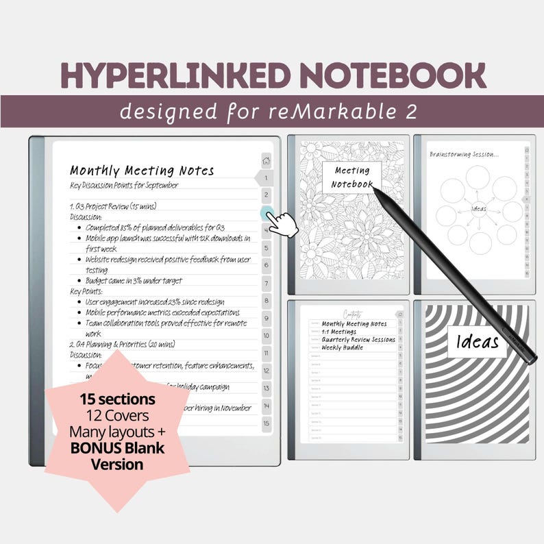 Remarkable Paper Pure Hyperlinked Notebook | 15 Section Versatile ...