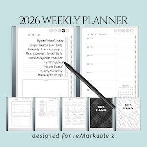 2026 Hyperlinked Planner for reMarkable 1 and 2 | Weekly Blank Boxes Lined Notes | PDF Template