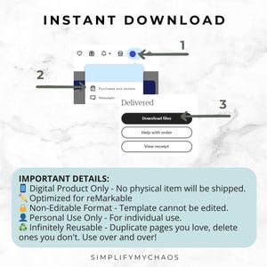 May include: A digital download screen with the words "INSTANT DOWNLOAD." The image shows a "Delivered" notification with options to download files, get help, or view the receipt. Further details are listed below the download options.