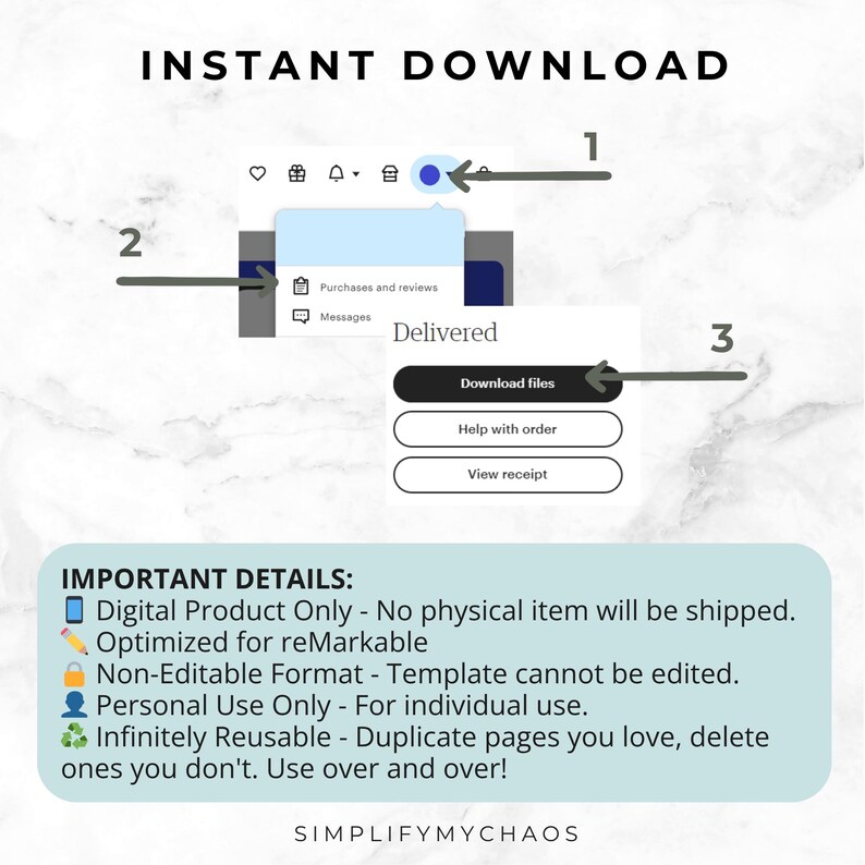 May include: A digital download screen with the words "INSTANT DOWNLOAD." The image shows a "Delivered" notification with options to download files, get help, or view the receipt. Further details are listed below the download options.