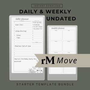 Könnte beinhalten: Digitales Bundle mit täglichen und wöchentlichen Planervorlagen. Das Design umfasst einen Tagesplaner mit Zeitplan und To-Do-Liste sowie einen Wochenplaner. Der Text enthält "Daily & Weekly Undated", "Instant Download" und "Starter Template Bundle".