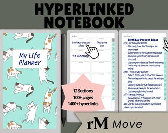 Cat Lover's Digital Notebook for reMarkable Paper Pro MOVE | 12 Section Hyperlinked Planner