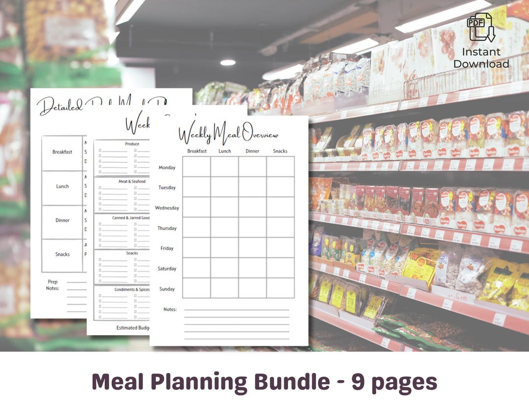 Weekly Meal Planner Printable Bundle Grocery List Menu Planning Instant ...