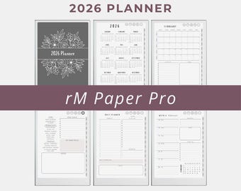 Puede incluir: Planificador digital 2026 con varias páginas, incluyendo un calendario anual, un calendario mensual y un planificador diario. El planificador presenta un diseño floral y el texto "2026 Planner" y "rM Paper Pro". El planificador es hipervinculado y semanal.