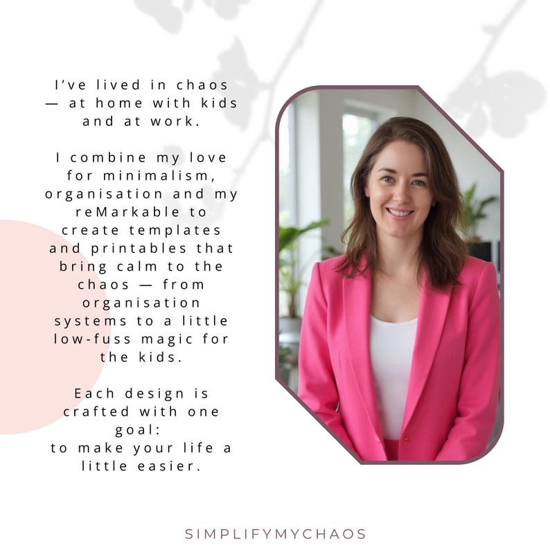 May include: A woman in a bright pink blazer smiles, framed by a white background with text. The text reads, "I've lived in chaos - at home with kids and at work." The text continues to describe templates and printables.