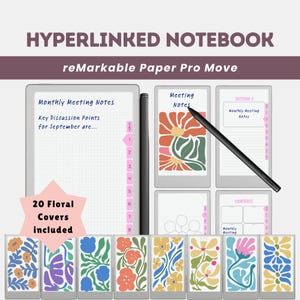 reMarkable Paper Pro MOVE Floral Notebook PDF | 8 Section Hyperlinked Digital Planner | Clickable Full Index | Multiple Layout Options