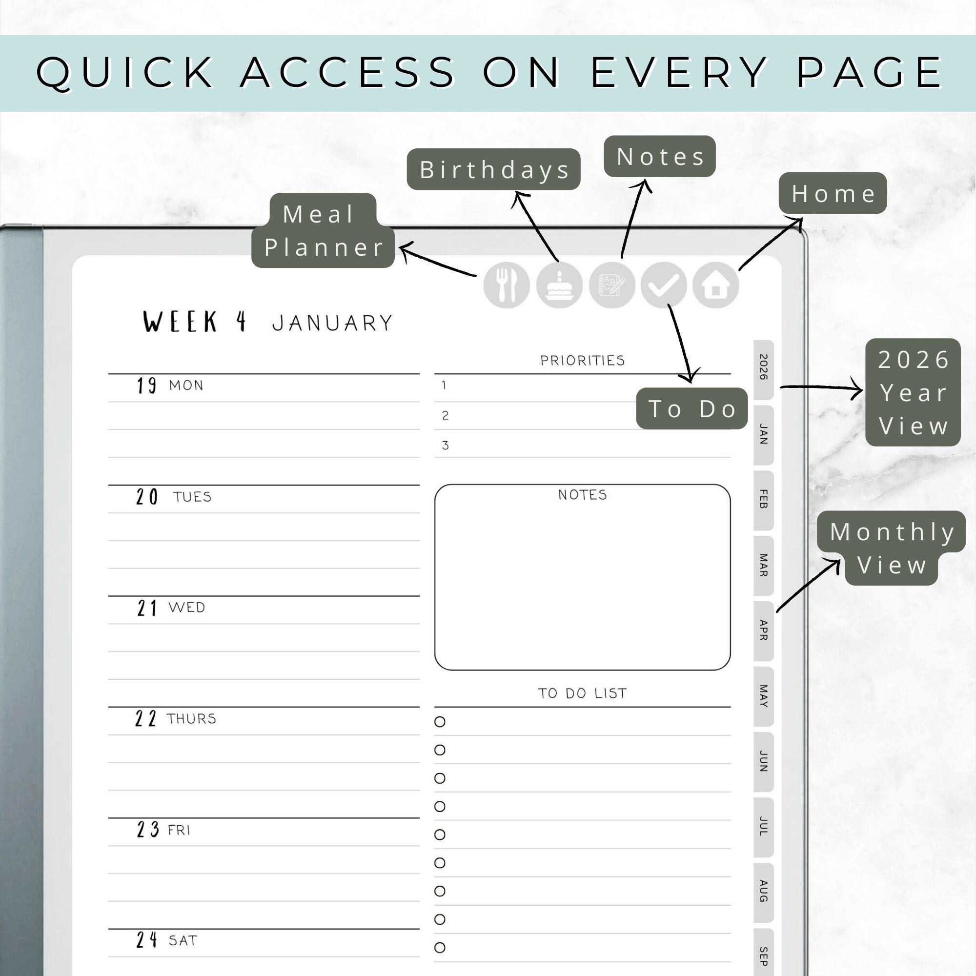 Remarkable Paper Pure Digital Planner 2026 | Hyperlinked Weekly Lined ...
