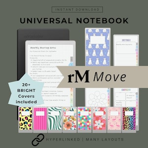 May include: A digital notebook with various colorful covers and layouts, including a tablet displaying meeting notes. The image includes the text "UNIVERSAL NOTEBOOK", "rM Move", and "20+ BRIGHT Covers included".