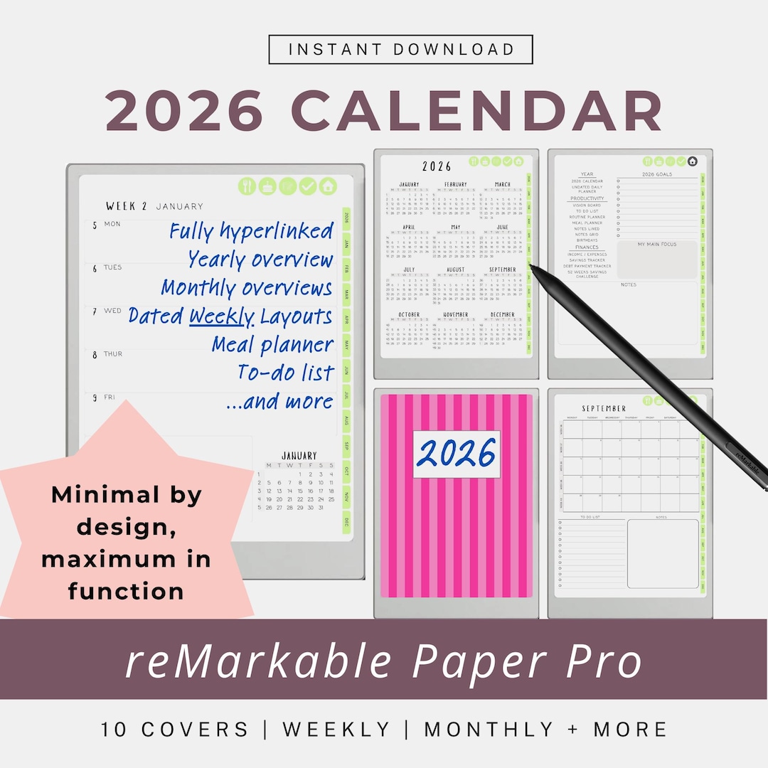 2026 Weekly Digital Planner Remarkable Paper Pro | Hyperlinked Monthly ...