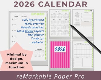 2026 Weekly Digital Planner reMarkable Paper Pro | Hyperlinked Monthly Template | Minimalist Dated Layout