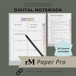 May include: Digital notebook with sections for meetings, Christmas planning, and wedding plans. Includes monthly meeting notes and 10 covers. The notebook is hyperlinked and has 8 sections. The text "rM Paper Pro" is displayed at the bottom.