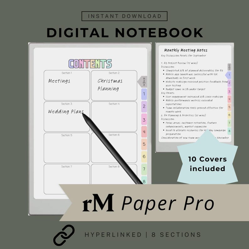 May include: Digital notebook with sections for meetings, Christmas planning, and wedding plans. Includes monthly meeting notes and 10 covers. The notebook is hyperlinked and has 8 sections. The text "rM Paper Pro" is displayed at the bottom.