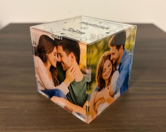 Custom 4 Photo Display Chest Box – Personalized Acrylic Memory Cube with Chest Style Lid, Anniversary Gift, Family Keepsake, Couple Memory