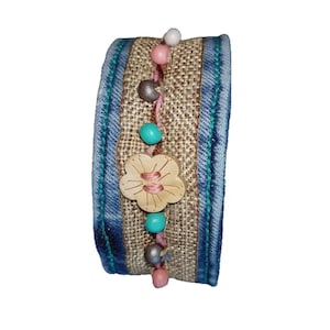 denim Boho style beaded cuff bracelet, upcycled fabric jewelry, adjustable blue jeans bracelet