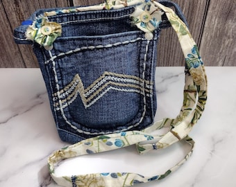 Boho Denim Handmade Handbag: Vintage Floral Fabric Lining