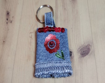 repurposed denim keyring, handmade fabric keychain, upcycled jeans fabric key fob, rose bag charm