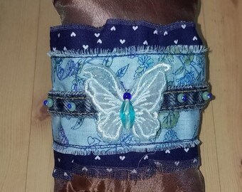 butterfly wide cuff bracelet, upcycled fabric jewelry, adjustable denim blue jeans boho style beaded bracelet