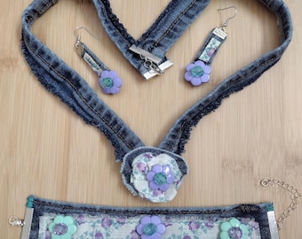 Boho Vintage Pastel Floral Denim Jewelry Set