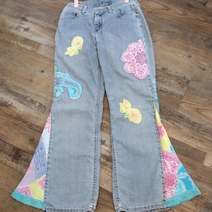 Vintage Reworked Denim Flare Jeans: Pastel Paisley Patchwork, Flares and Lace Hem - Size 7