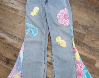 Vintage Reworked Denim Flare Jeans: Pastel Paisley Patchwork, Flares and Lace Hem - Size 7