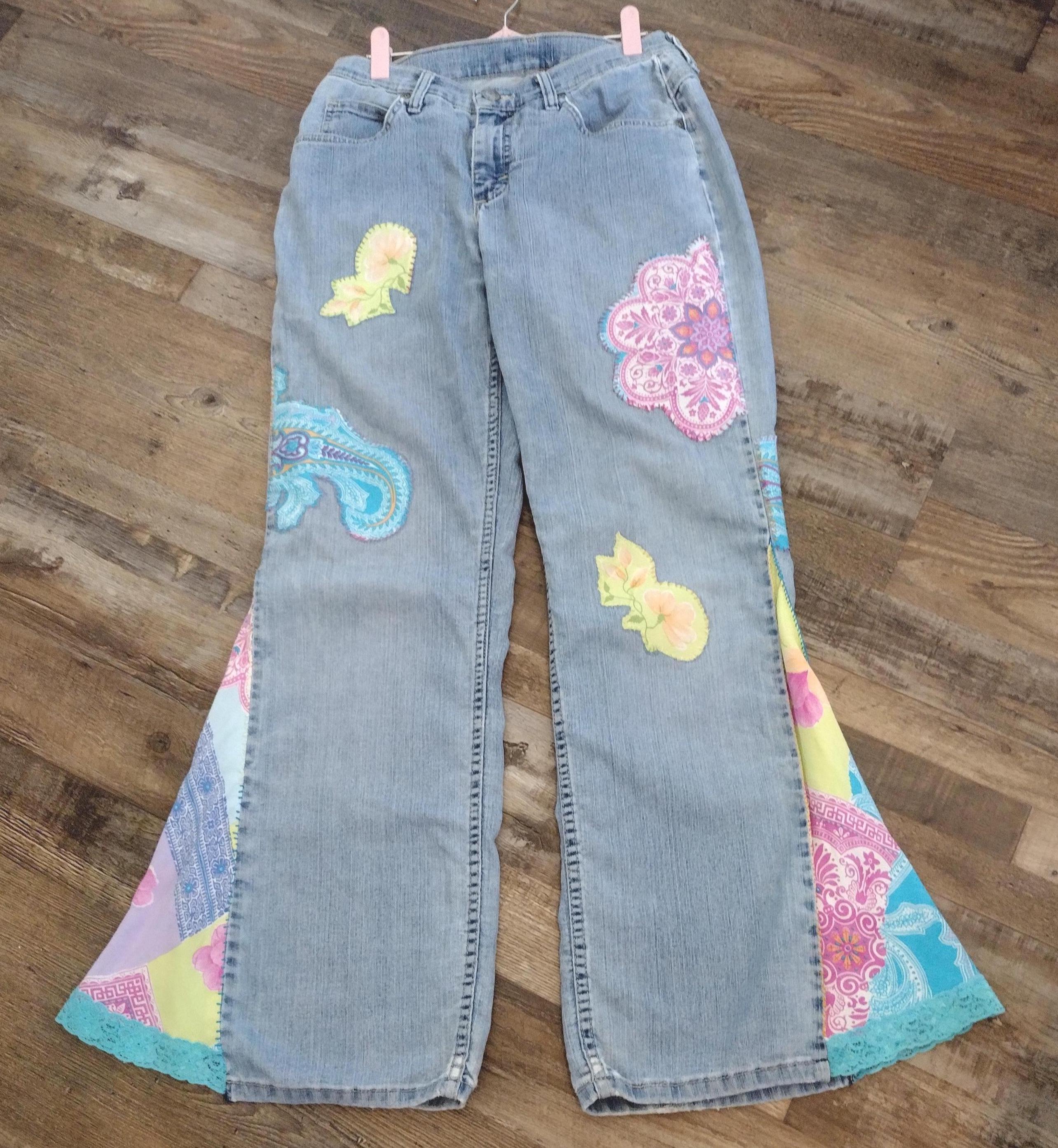 Vintage Reworked Denim Flare Jeans: Pastel Paisley Patchwork