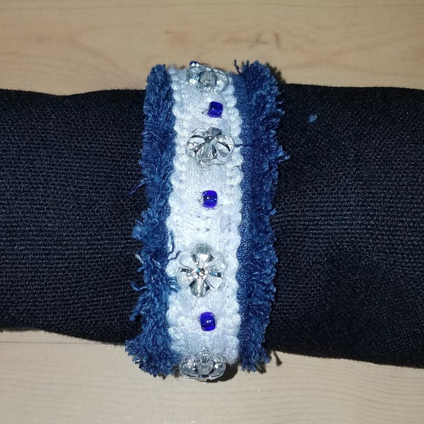 vintage white lace wrist cuff bracelet, adjustable denim blue jeans bracelet, Boho style beaded bracelet