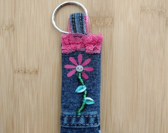 repurposed denim keychain, fabric key fob, denim beaded keyring, daisy flower bag charm