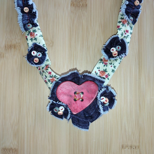 Bohemian upcycled fabric statement necklace, repurposed homemade designer denim jewelry