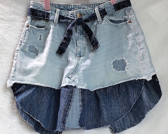 Boho Hippie Denim Skirt: Embroidered Patchwork with Frayed Ruffle Hem