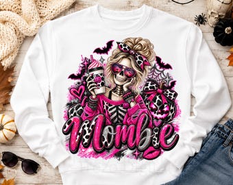 Mombie Halloween PNG, Pink Cow Print Skeleton Mom Design, Spooky Mom Sublimation Download
