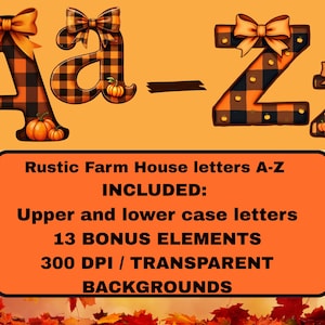 Rustic Fall Farmhouse Alphabet Clipart Bundle Upper Lowercase Letters with 13 Bonus Matching PNG Elements, Plaid & Buffalo Check Autumn