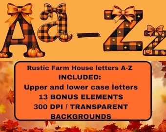 Rustic Fall Alphabet Clipart Bundle: Plaid Buffalo Check PNG (Digital Download)