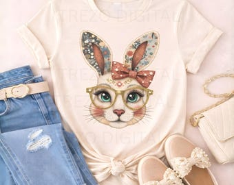 Patchwork Bunny PNG, Floral Easter Rabbit, Glasses, Vintage Spring Sublimation (Digital Download)