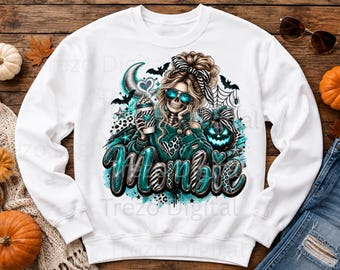 Mombie Halloween PNG, Blue Leopard Print Skeleton Mom Design, Spooky Mom Sublimation Download