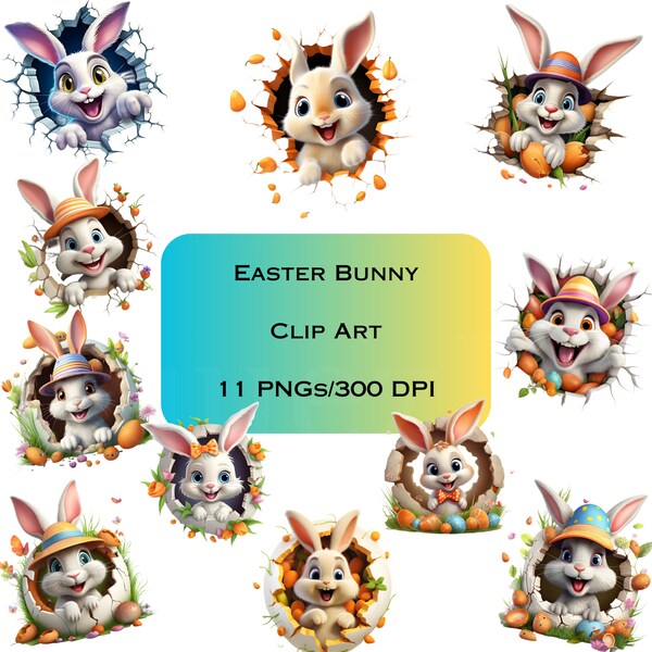 Vibrant Easter Bunny Clipart 11 High-Res PNGs for Sublimation & Pintable, Digital Downloads!